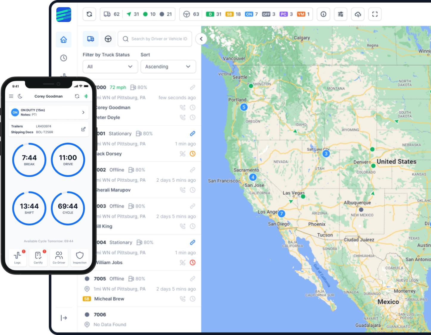 Factor ELD dashboard and driver app preview