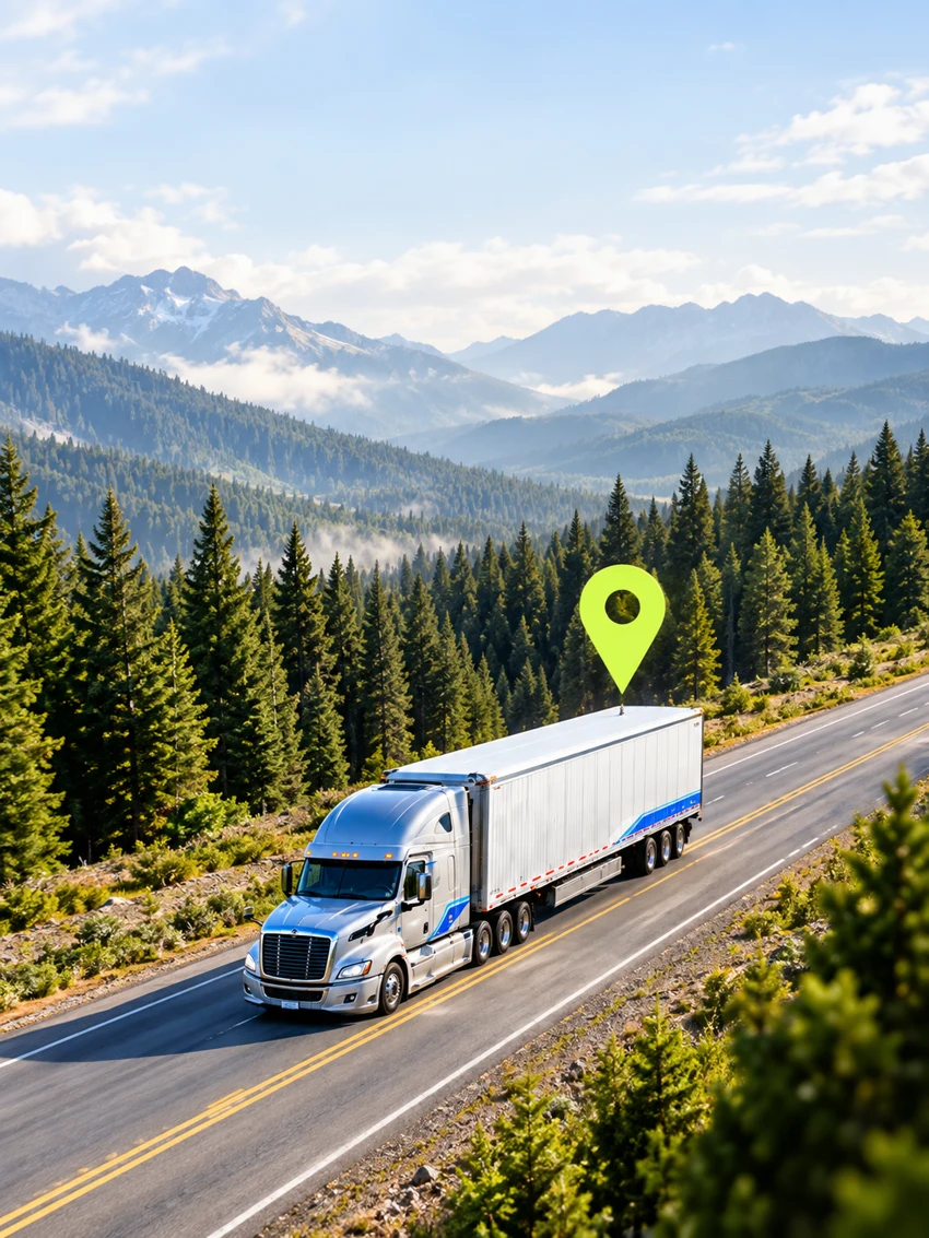 Illustration of a tracked truck on a forest highway